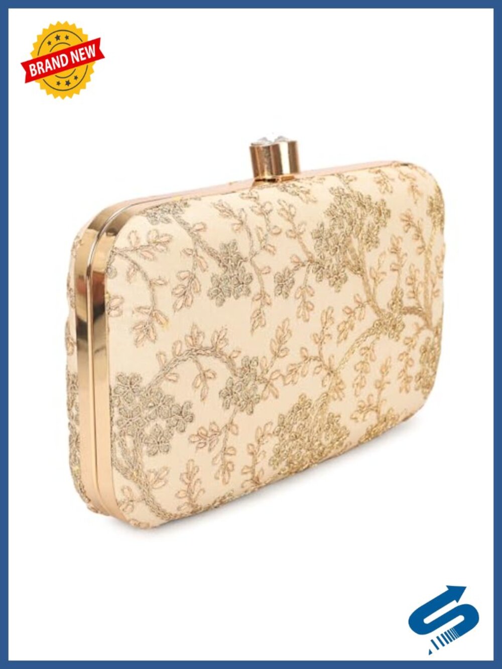 Handcrafted Silk Box Clutch Zari Embroidery Evening Bag Snap Clasp